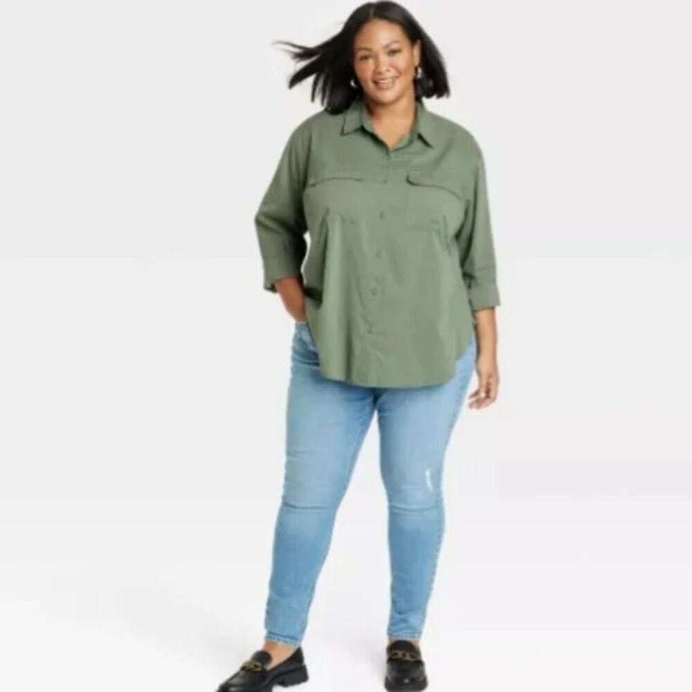 Ava & Viv Long Sleeve Button Down Shirt with Pockets - Sage Green , Size 1X NWT